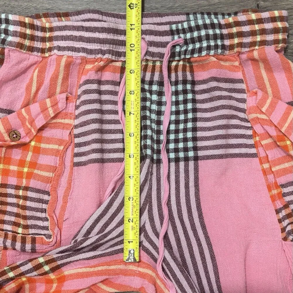 Free People Plaid Baggy Cargo Shorts Pink Wide Leg Boho Bermuda Size Small